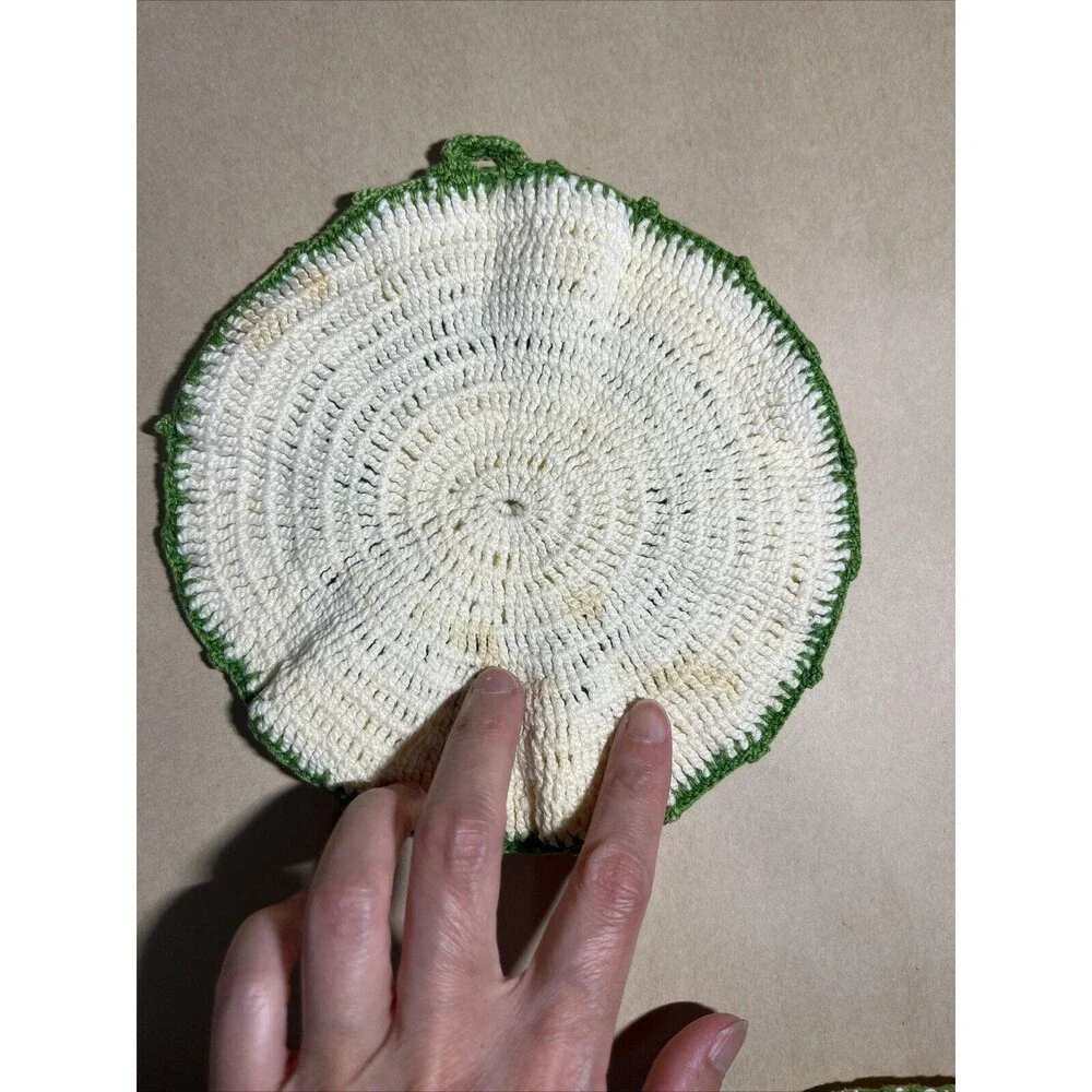 Vintage Lot Of 4 Handmade Crochet Hot Pad Potholders Green‎ & White Yellow Dress